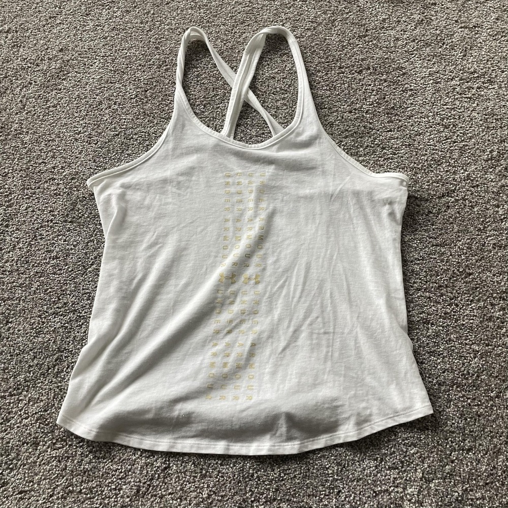 Under Armour HeatGear Tank Top Womens Small White Strappy Workout Gym Yoga